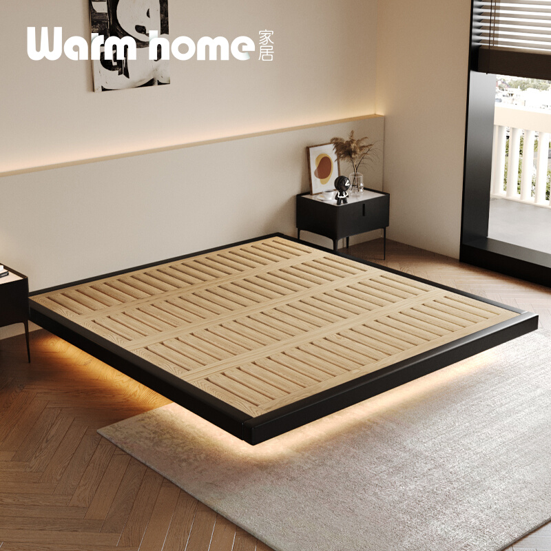 软包悬浮b床无床头床2023新款榉木排骨架床架家用卧室无靠背齐边
