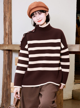 【画系列】商场品牌女装折扣2025年冬季489元高领条纹针织毛衣