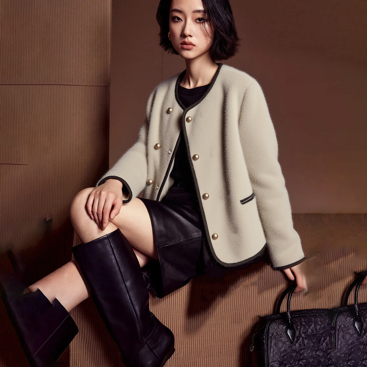 【欧系列】新款女装折扣2025年冬季999元圆领拼接毛呢外套,女装/女士精品,毛呢外套,淘宝优惠券,粉丝福利购,淘宝优惠卷