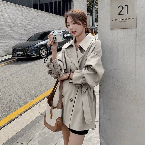 英伦风短款系带显瘦小个子风衣女