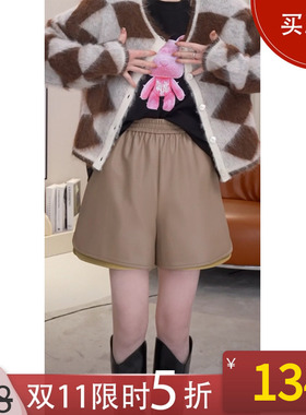 NANASTORE短裤女2024春季新款休闲裤皮裤高腰阔腿裤宽松黑色裤子