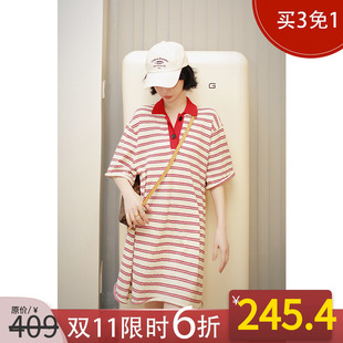 NANASTORE条纹连衣裙子女装2024春季新款Polo领气质显瘦长裙春装