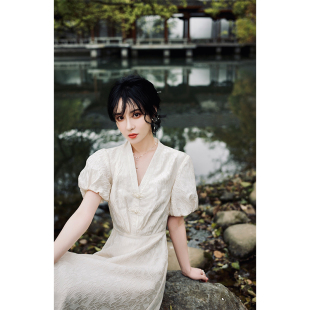 NANASTORE连衣裙女2024春季新款中式国风蕾丝碎花收腰小个子裙子