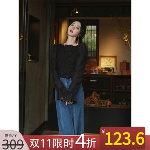 雪纺衬衫 新款 长袖 上衣短款 NANASTORE蕾丝小衫 T恤泡泡袖 女2024春季