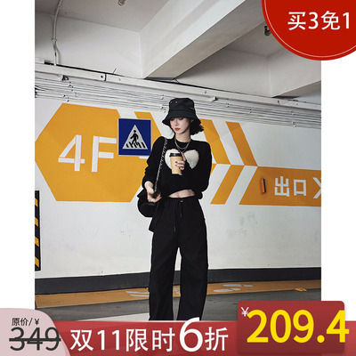 黑色休闲直筒高腰工装裤