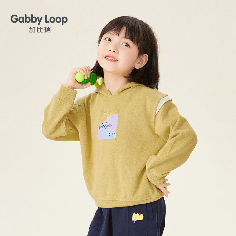 女童连帽卫衣2022新款中大童春秋款儿童卫衣黄色卡通猫咪春装上衣