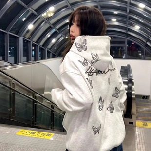 美式复古重工字母蝴蝶刺绣连帽卫衣男女纯棉宽松小众别致情侣帽衫