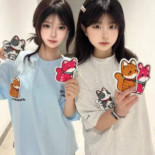 小猫魔术贴短袖t恤男女