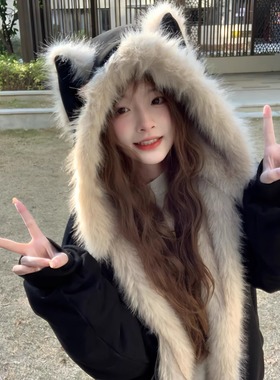 2025秋冬新款座山雕猫耳朵连帽棉服女宽松设计感加厚夹棉保暖外套