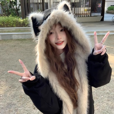 毛茸茸座山雕猫耳朵夹棉保暖棉服