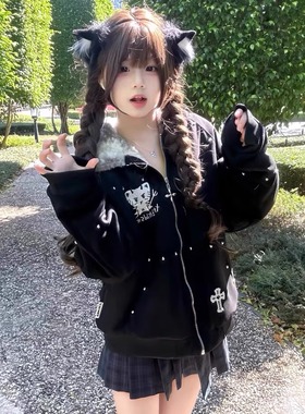 美式潮牌小恶魔猫咪柳丁麂皮绒连帽棉服外套男女加绒加厚保暖棉衣