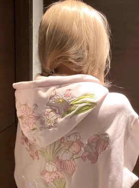 美式复古字母花卉刺绣连帽卫衣外套女2025新款宽松设计感情侣上衣