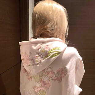 美式复古字母花卉刺绣连帽卫衣外套女2025新款宽松设计感情侣上衣