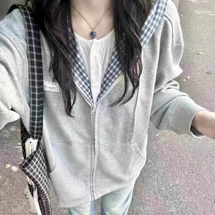 美式复古拼接格子假两件开衫连帽卫衣女宽松慵懒风oversize外套潮