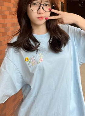 美式国潮刺绣字母纯棉短袖t恤女夏季新款宽松显瘦小清新情侣上衣