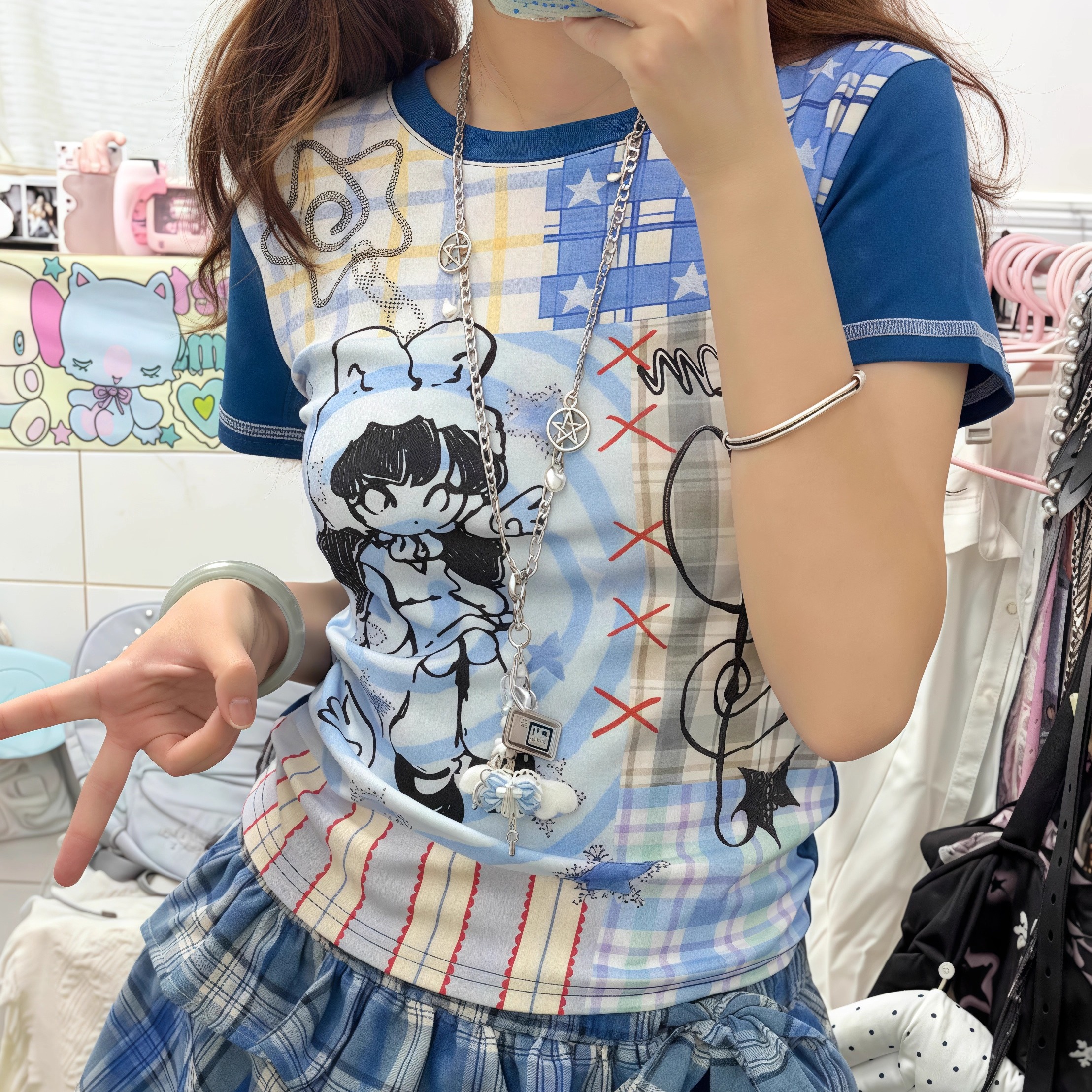 美式潮牌手绘卡通拼色正肩短袖t恤女夏季修身显瘦二次元短款上衣