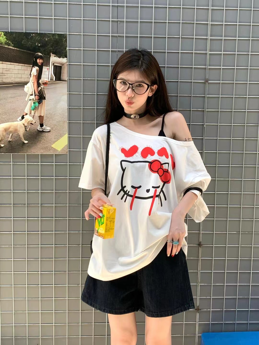 夏季新款kitty猫印花大领口短袖T恤女小众设计感宽松慵懒露肩上衣