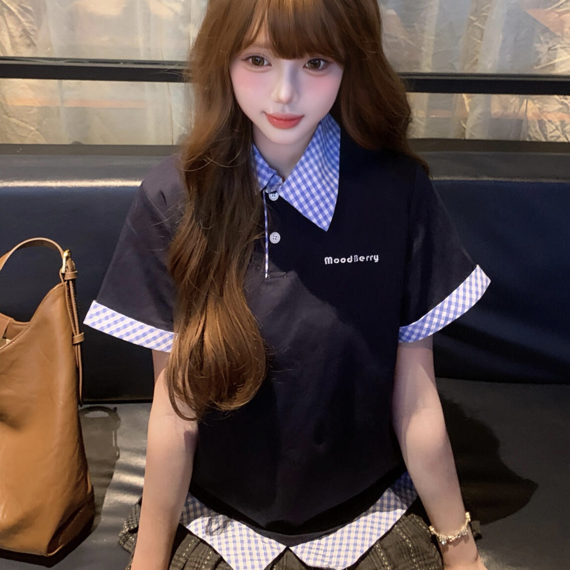 学院风拼接格子polo领正肩短袖t恤女夏季修身显瘦设计感短款上衣
