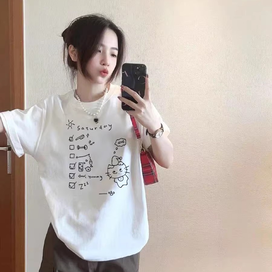 重磅纯棉白色正肩短袖t恤女夏季美式宽松卡通小猫印花半袖上衣潮