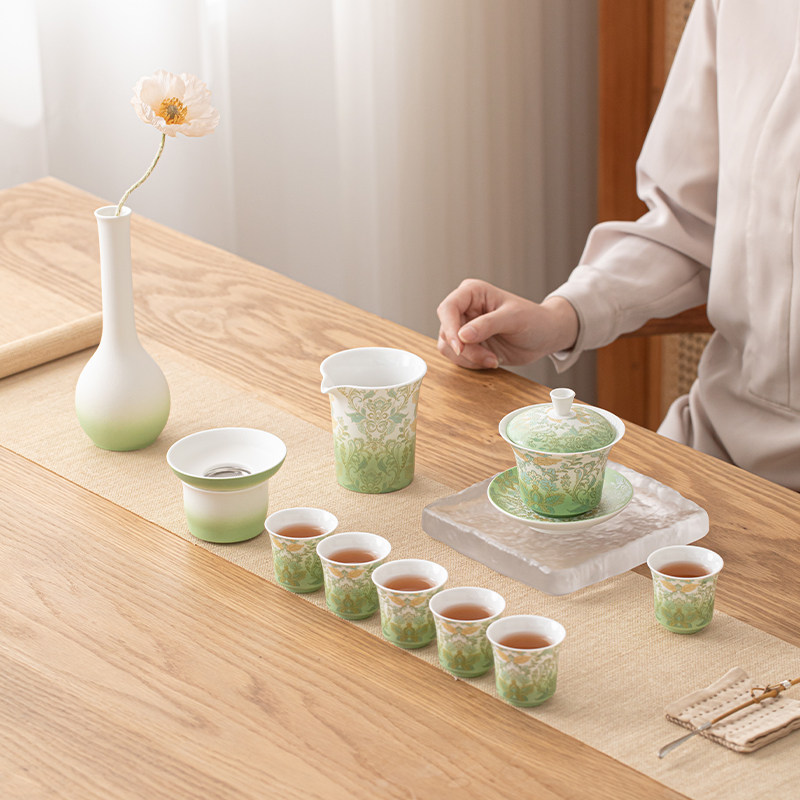 苏氏陶瓷羊脂玉瓷悬停盖碗茶具套装简欧大马士纹茶杯送花瓶礼盒