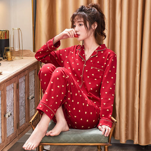 睡衣女士纯棉长袖红色大码家居服
