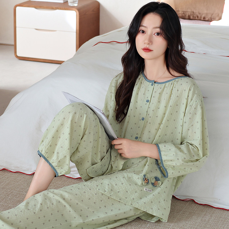 梭织纯棉睡衣女士夏季七分袖九分裤套装夏天薄款加大码妈妈家居服