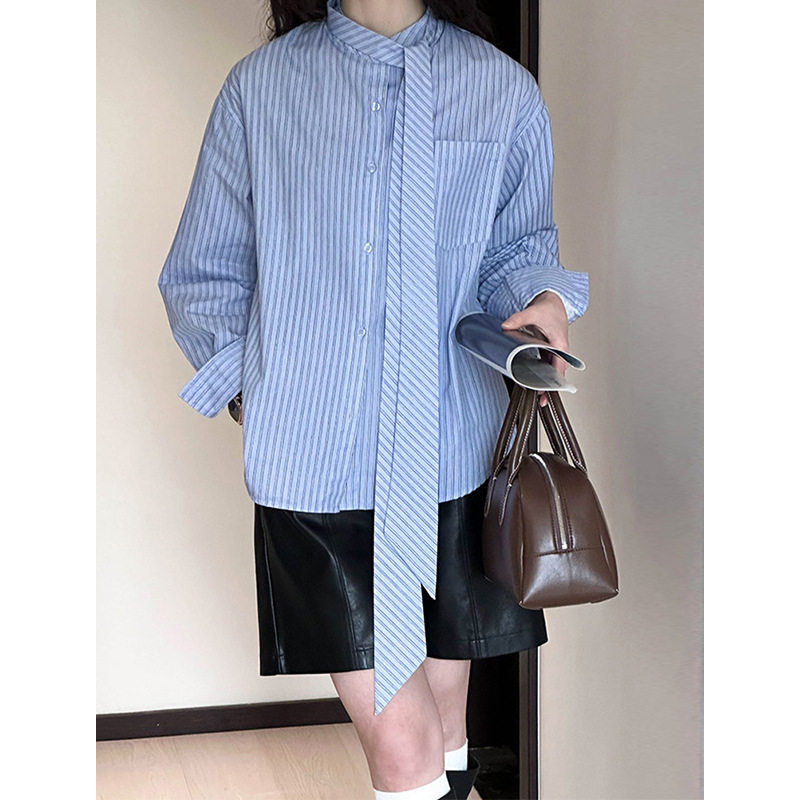 2025早春蝴蝶结系带领子蓝色条纹衬衫女款宽松小众设计感职场白领