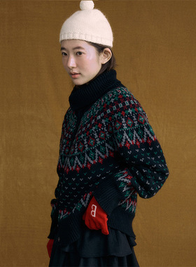 时简 气质老钱风 优雅复古经典提花羊毛毛衣冬长袖保暖上衣22719