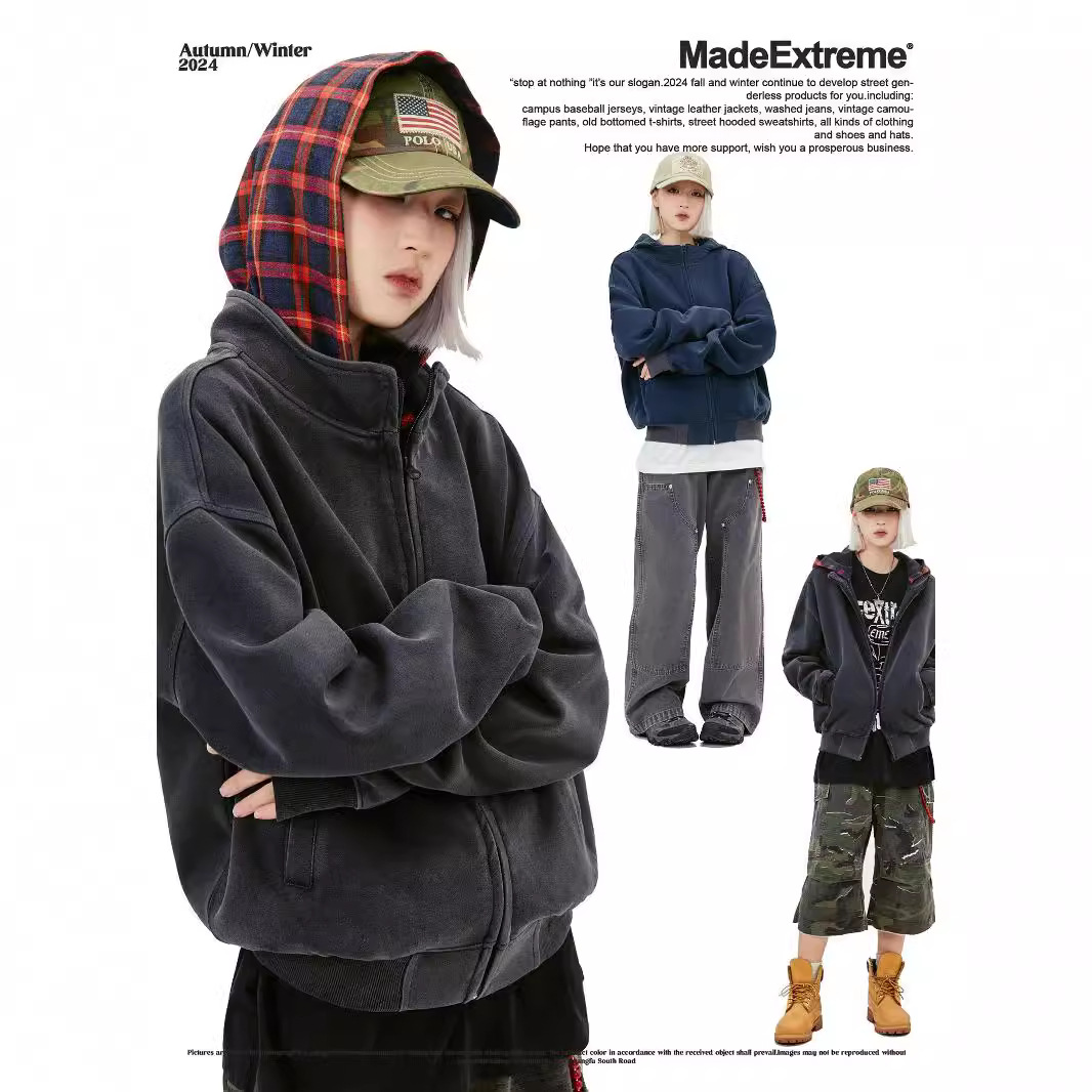 MADEEXTREME 420g重磅水洗做旧秋冬美式格子潮牌连帽衫拉链卫衣男