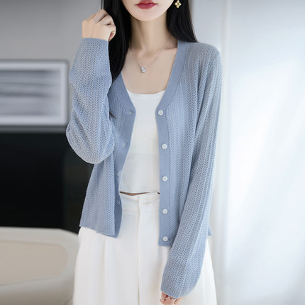 丝滑软糯~天丝羊毛针织开衫女春夏薄款麦穗镂空V领空调衫外搭上衣