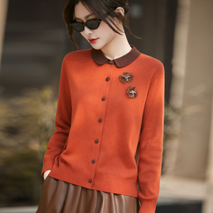 花朵娃娃脸撞色超细羊毛开衫女毛衣外套洋气翻领打底衫上衣针织衫