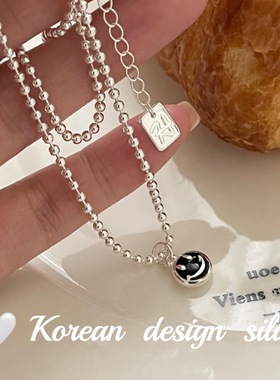韩国ins设计亮银饰品 s925纯银黑色滴釉笑脸珠珠项链感叠戴ins风