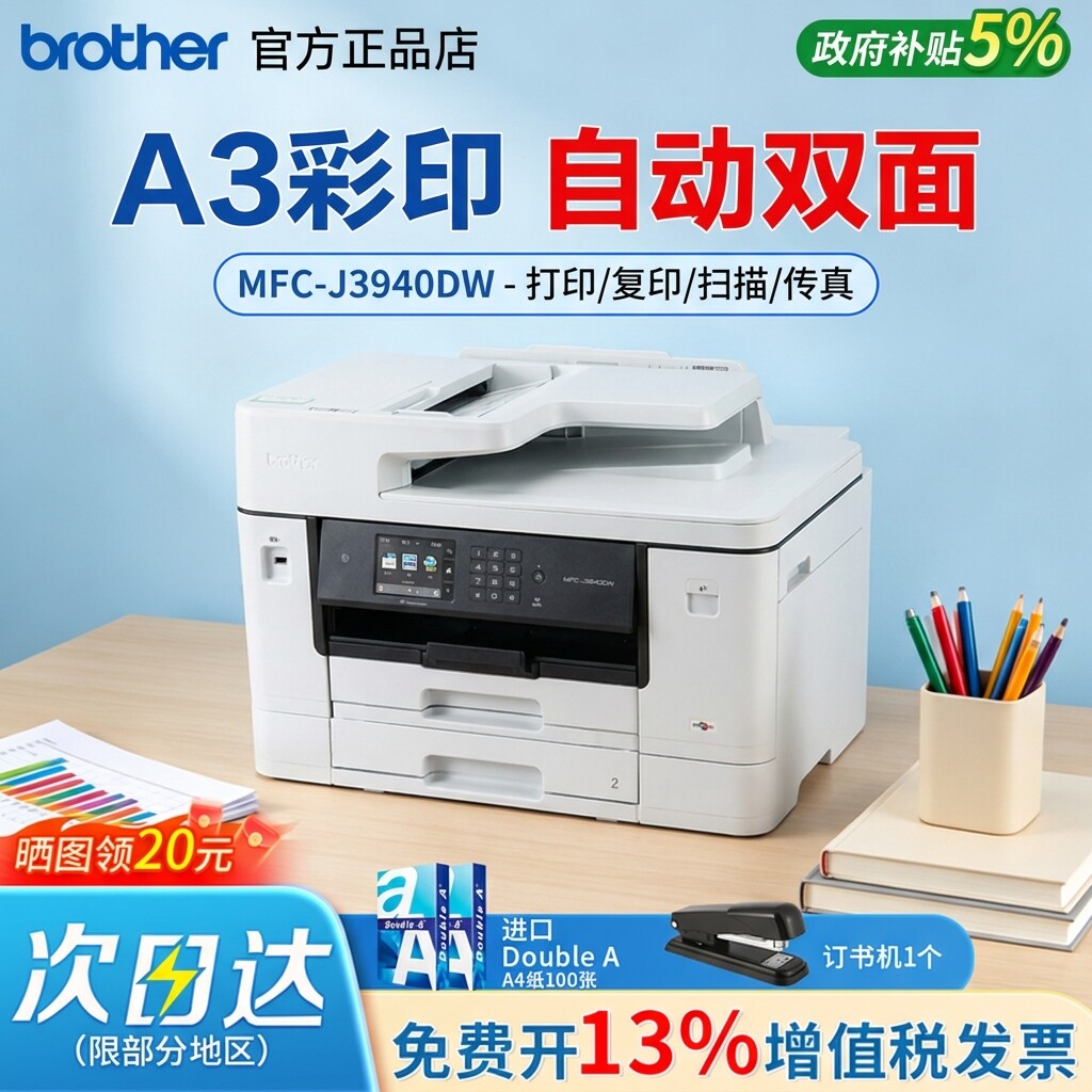 兄弟brother/A3彩色喷墨打印机A4打印机办公专用MFC-J3940DW自动双面复印扫描一体传真无线家用复印机