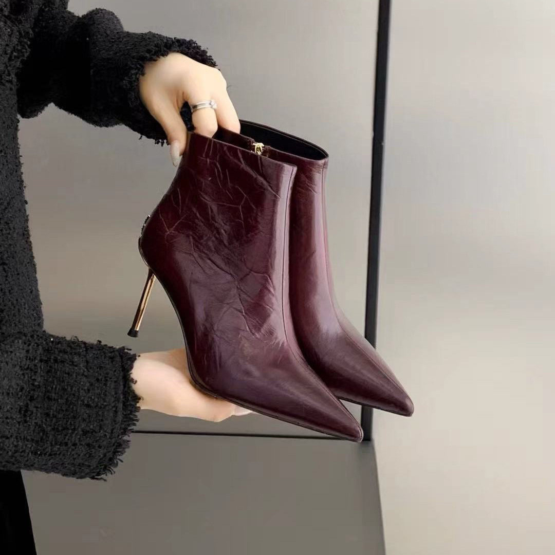 欧美风尖头细跟高跟短靴女冬季真皮褶皱高级感气质靴名媛晚宴婚鞋,女鞋,时装靴,淘宝优惠券,粉丝福利购,淘宝优惠卷