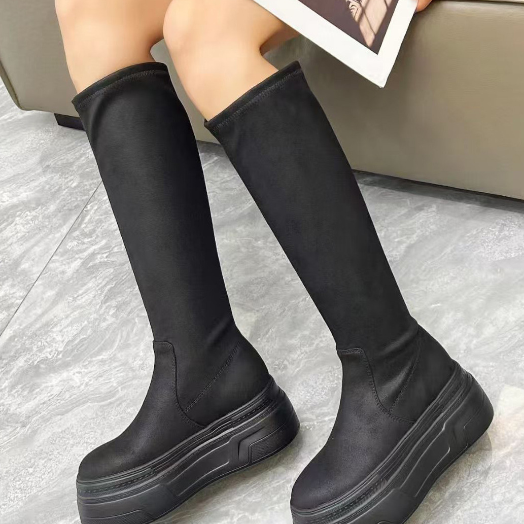 韩版圆头厚底弹力靴女冬季长筒靴百搭增高瘦瘦靴松糕高跟鞋小个子