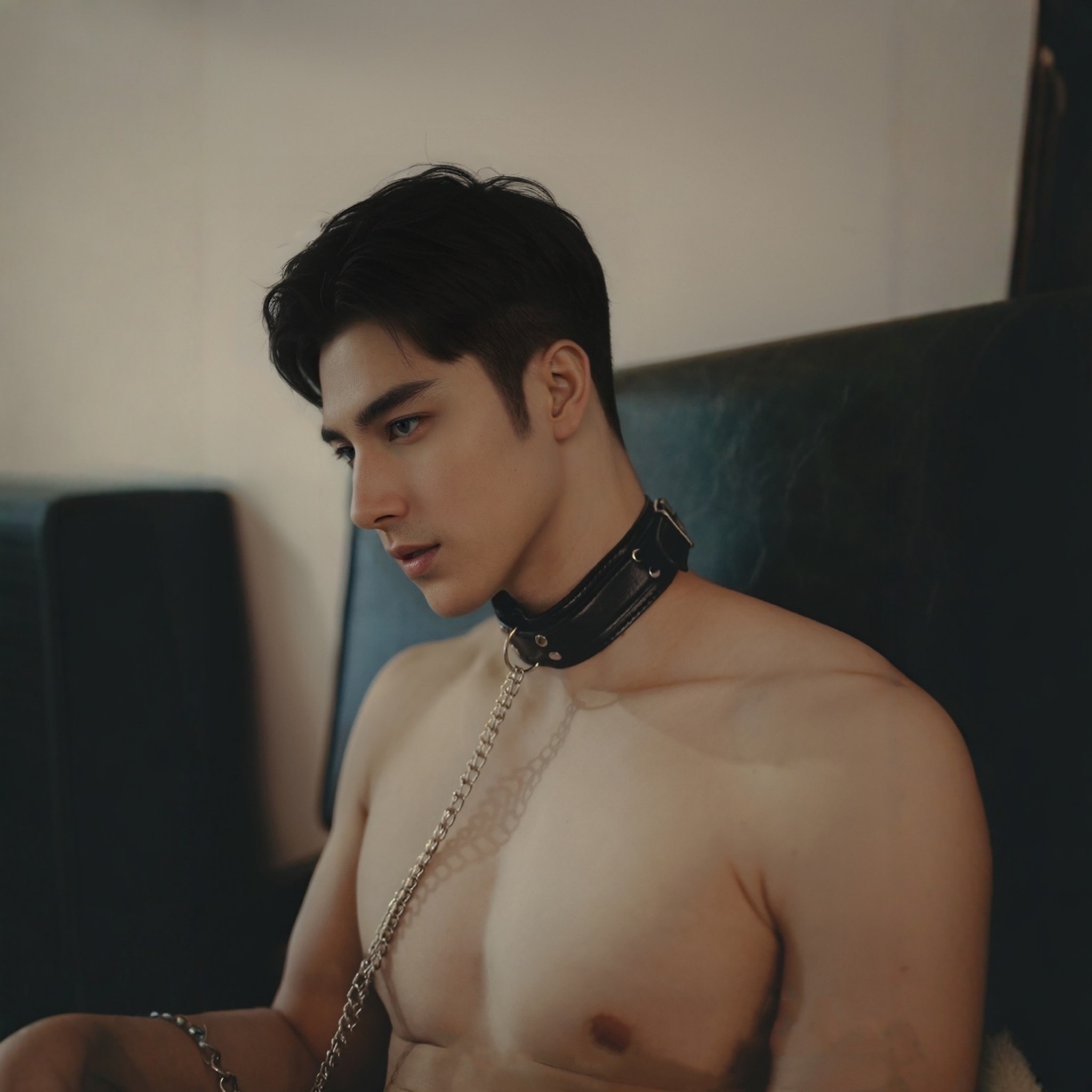 时尚铆钉皮革性感男项圈 可调节颈环锁骨链项链送乳夹舞台演出NPC