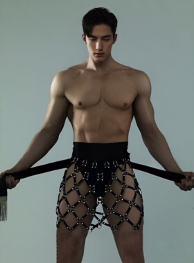 夜店GOGO男皮革坎肩束缚衣演出服写真道具NPC背带马甲网格流苏裙