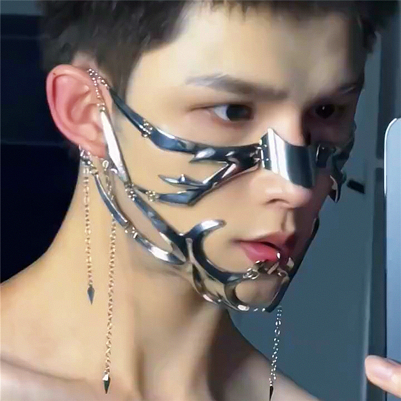 网红同款未来科技感耳面部挂饰 亮银色朋克机械血刃异形演出面具