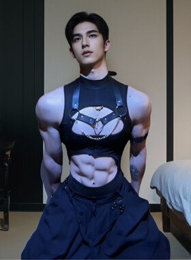 肌肉男皮革绑带1S背带演出舞台款自拍可调跳舞性感连体束缚紧身衣