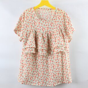 夏季女款棉绸睡衣双层防凸点短袖家居服人造棉胸前荷叶边