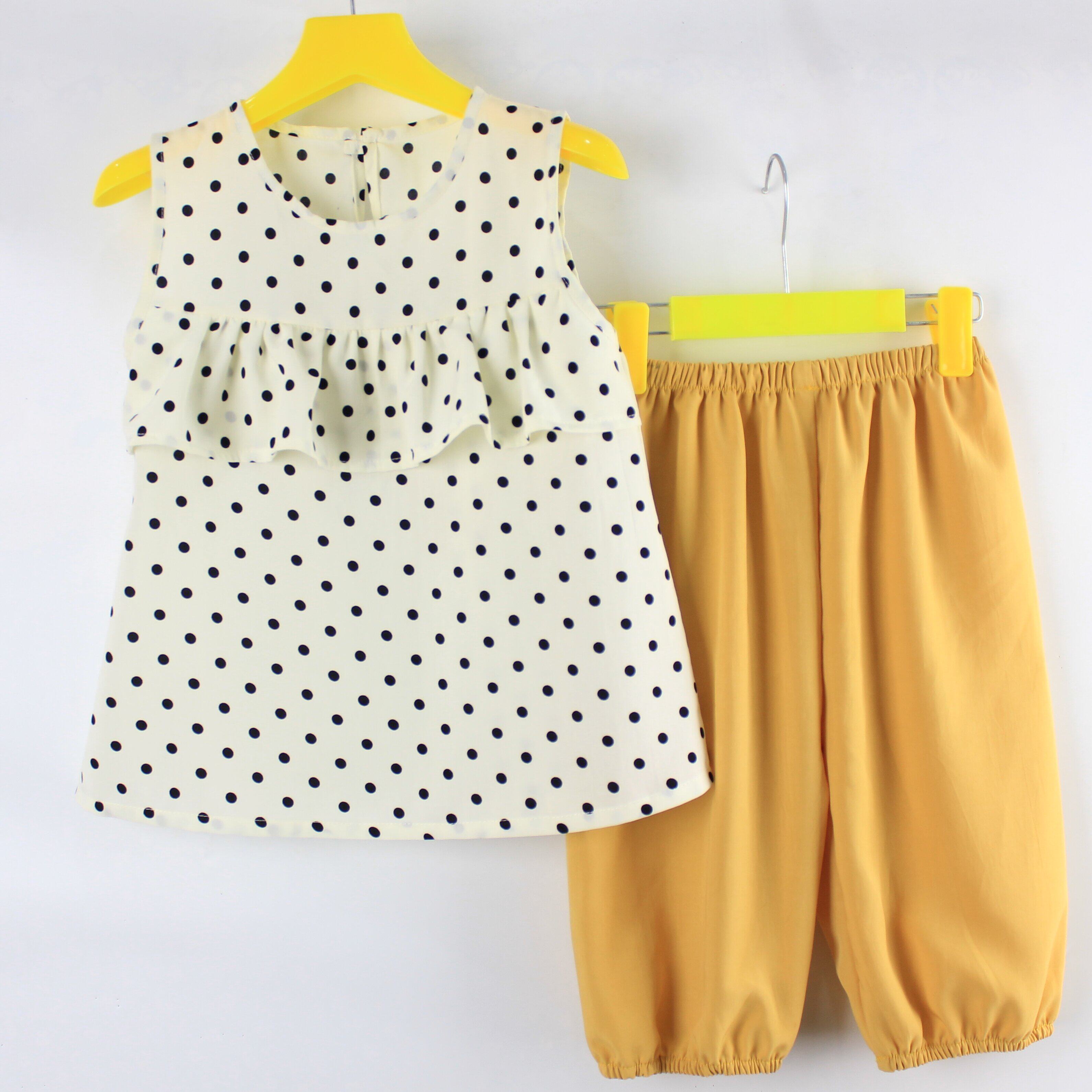 女孩波点人造棉家居服女童套装夏季无袖胸荷叶边睡衣背心七分裤子