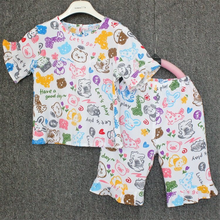 女童绵绸睡衣 宝宝棉绸家居服 人造棉空调服 短袖花边七分裤 夏季