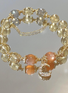 天然黄水晶手链月光石金太阳石14k包金发财水晶手串女饰品送礼物