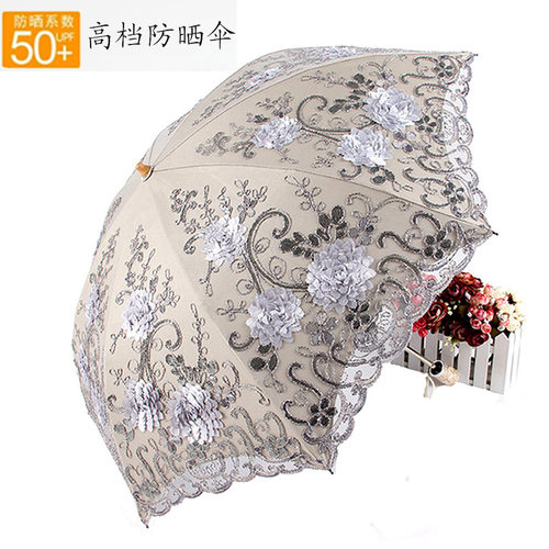 高档太阳伞防晒蕾丝黑胶女二折