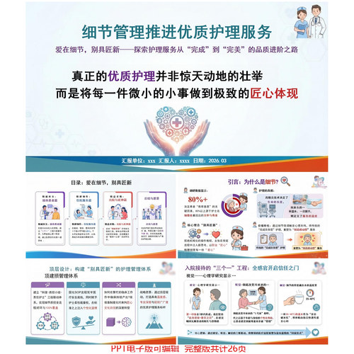 人文优质护理汇报PPT模板｜细节管理推进优质护理服务可编辑课件