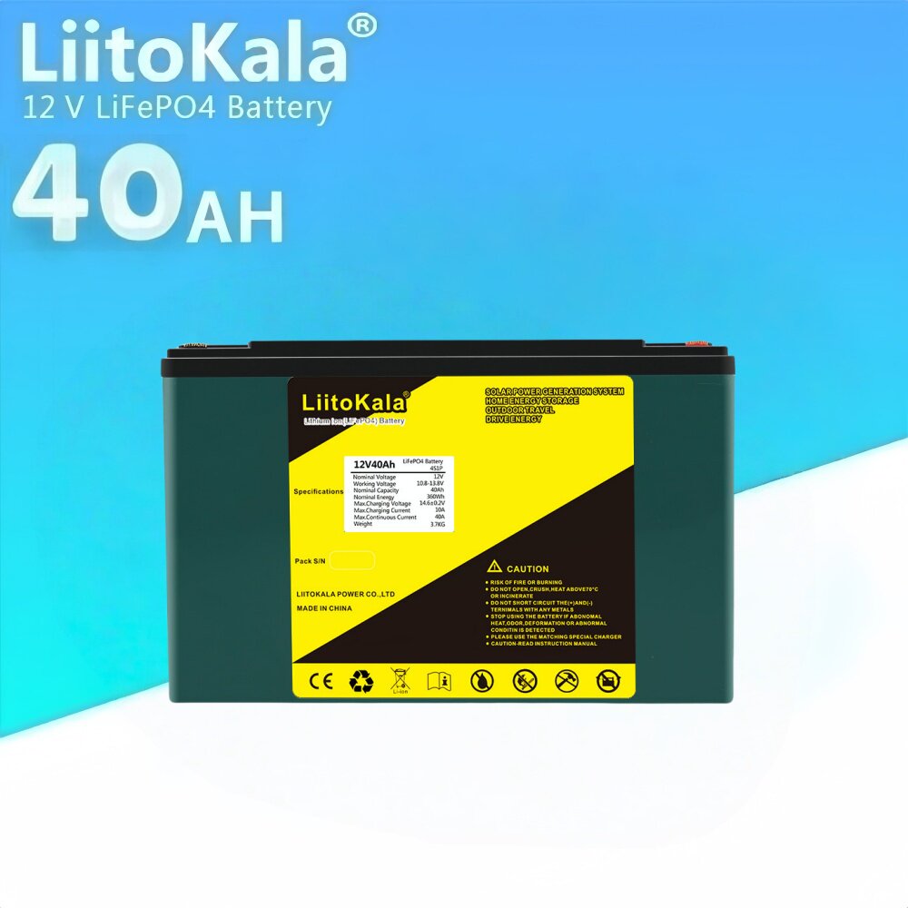 LiitoKala 12V40Ah 磷酸铁锂 太阳能锂电池 UPS逆变器 储能电池