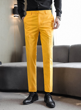 男士大码工作服韩版修身西裤黄色青年商务休闲长裤彩色红色裤子潮