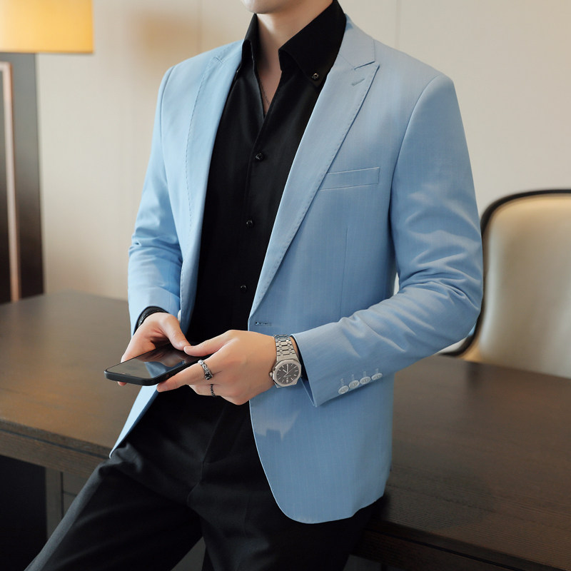 春秋新款正装潮男士休闲时尚西服韩版修身西装中青年条纹单西外套