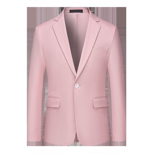 2024春秋商务休闲小西装男长袖粉色便服单西青年纯色上班外套潮流