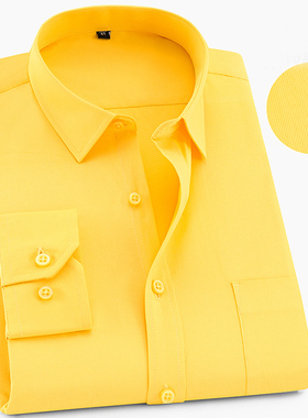 春季长袖衬衫男青年商务职业工装黄色斜纹衬衣男士小领寸衫工作服